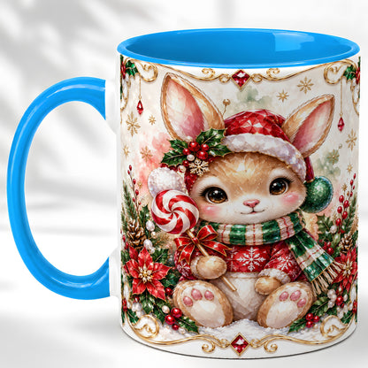 #pl[11oz|Blue] Crystal Style Christmas Bunny Coffee Mug, Holiday Rabbit Mug, Ceramic Cup