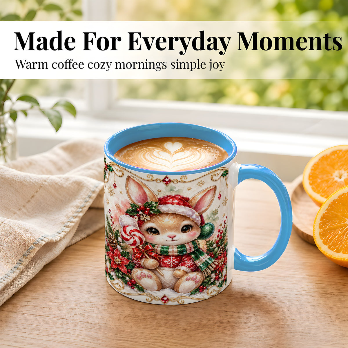 #pl[11oz|Blue] Crystal Style Christmas Bunny Coffee Mug, Holiday Rabbit Mug, Ceramic Cup