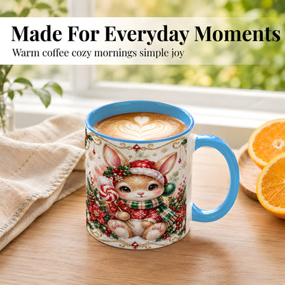 #pl[11oz|Blue] Crystal Style Christmas Bunny Coffee Mug, Holiday Rabbit Mug, Ceramic Cup