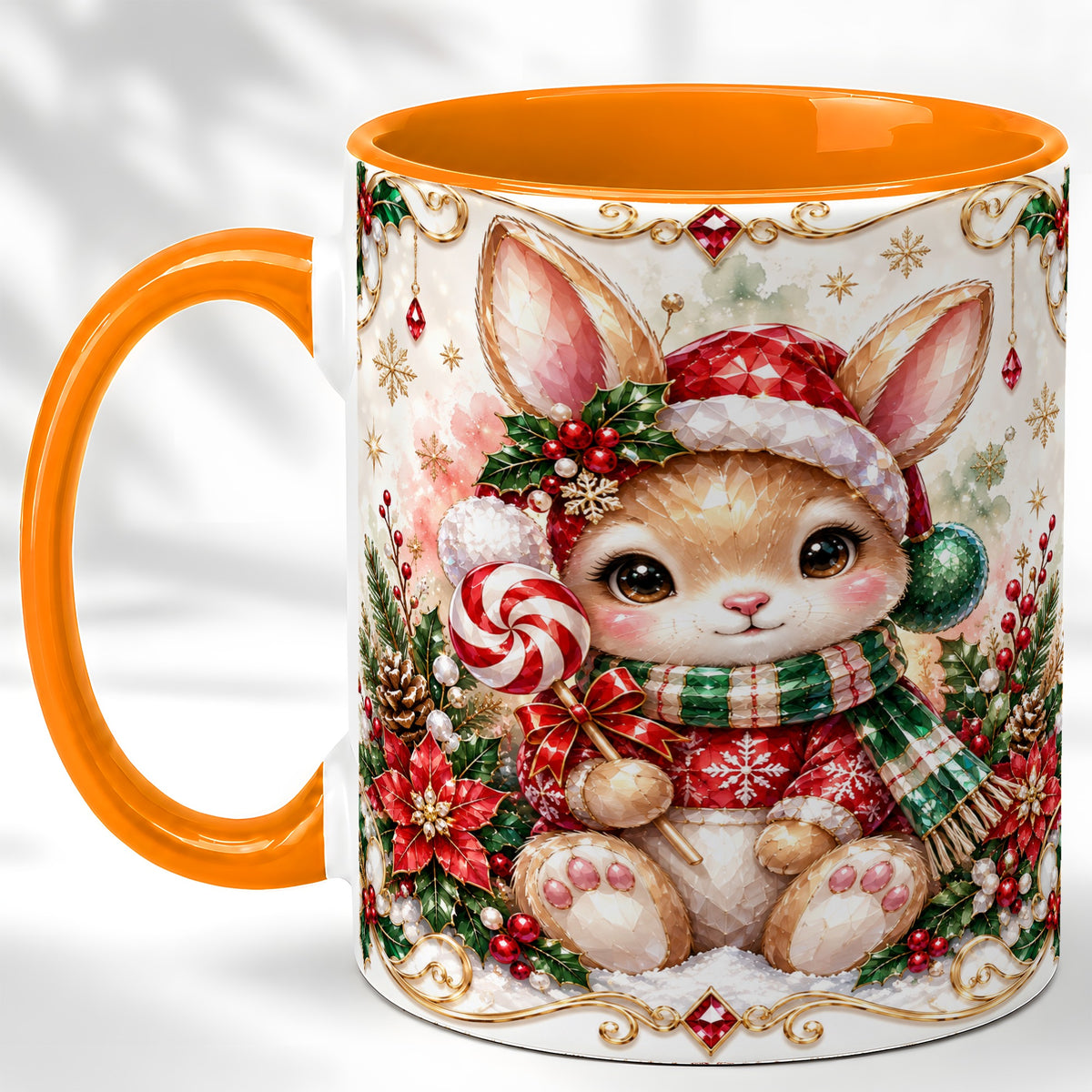 #pl[11oz|Orange] Crystal Style Christmas Bunny Coffee Mug, Holiday Rabbit Mug, Ceramic Cup