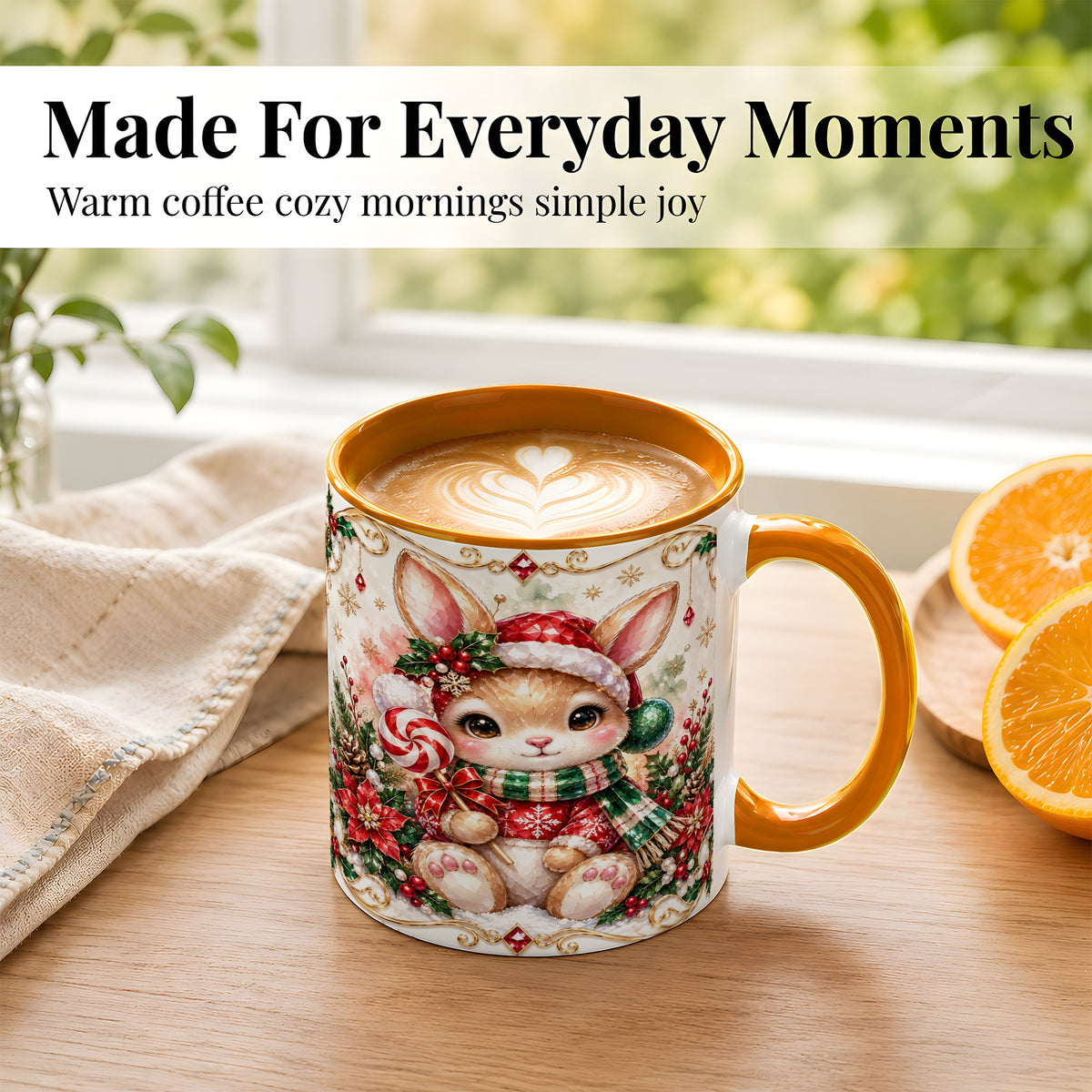 #pl[11oz|Orange] Crystal Style Christmas Bunny Coffee Mug, Holiday Rabbit Mug, Ceramic Cup