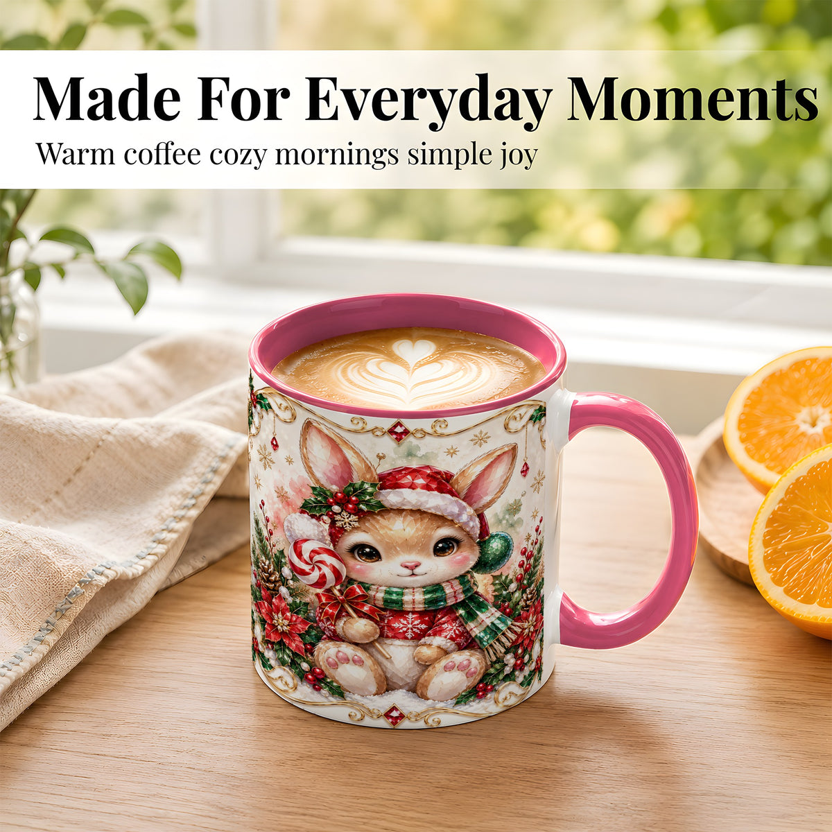 #pl[11oz|Pink] Crystal Style Christmas Bunny Coffee Mug, Holiday Rabbit Mug, Ceramic Cup