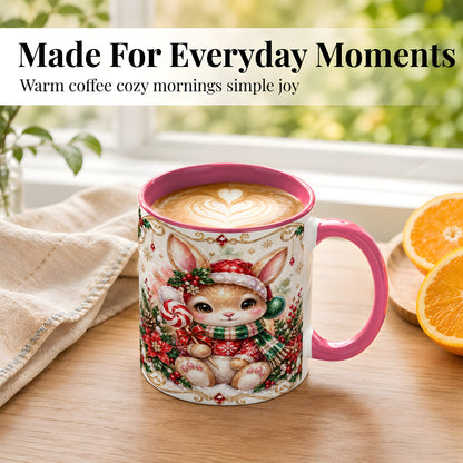 #pl[11oz|Pink] Crystal Style Christmas Bunny Coffee Mug, Holiday Rabbit Mug, Ceramic Cup