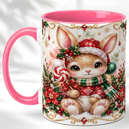 #pl[11oz|Pink] Crystal Style Christmas Bunny Coffee Mug, Holiday Rabbit Mug, Ceramic Cup