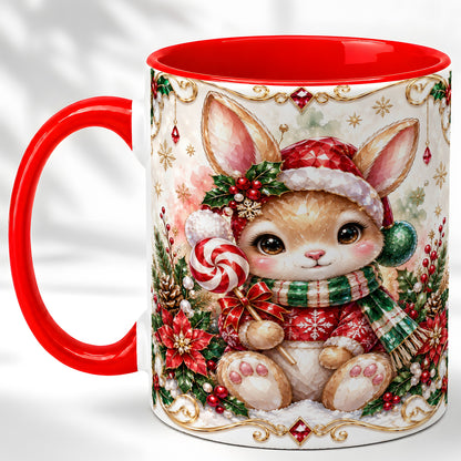 Crystal Style Christmas Bunny Coffee Mug, Holiday Rabbit Mug, Ceramic Cup
