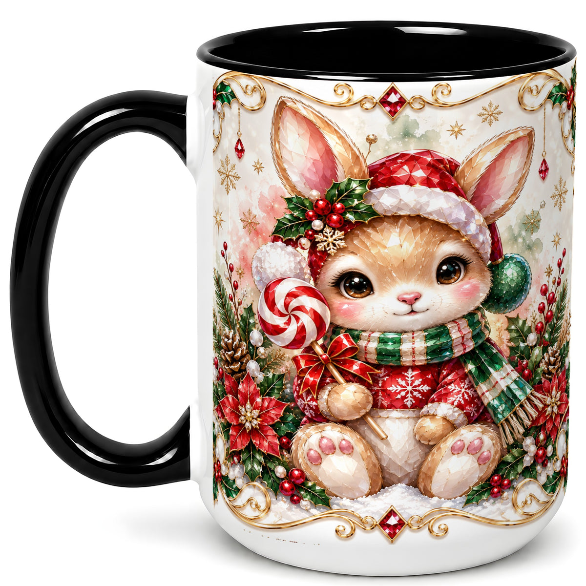 #pl[15oz|Black] Crystal Style Christmas Bunny Coffee Mug, Holiday Rabbit Mug, Ceramic Cup