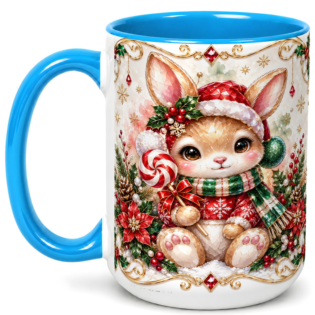 #pl[15oz|Blue] Crystal Style Christmas Bunny Coffee Mug, Holiday Rabbit Mug, Ceramic Cup