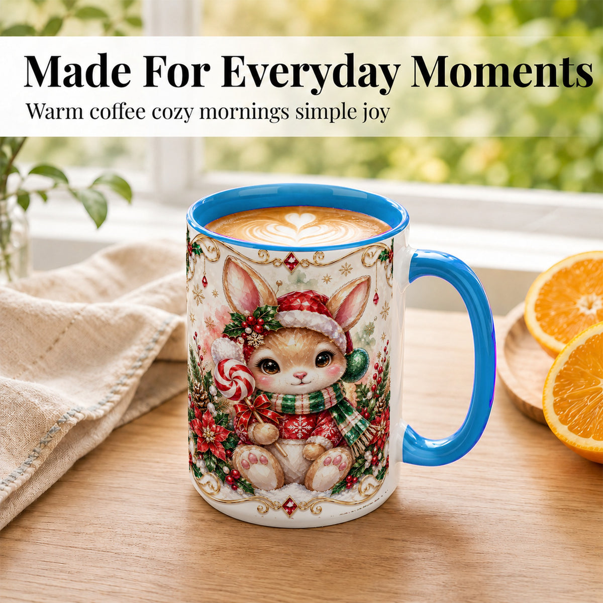 #pl[15oz|Blue] Crystal Style Christmas Bunny Coffee Mug, Holiday Rabbit Mug, Ceramic Cup