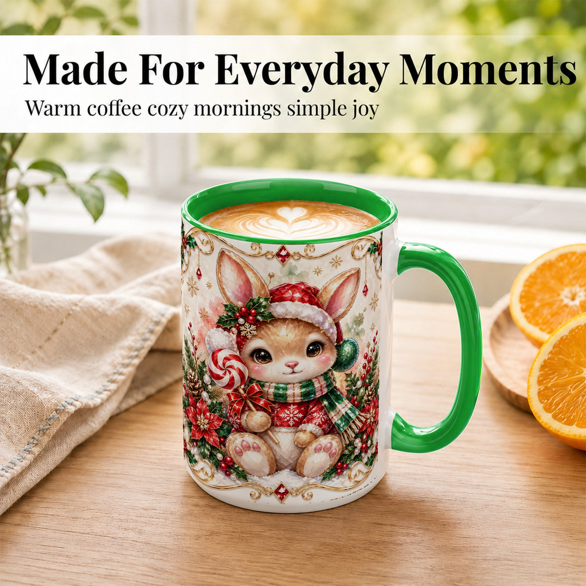 #pl[15oz|Green] Crystal Style Christmas Bunny Coffee Mug, Holiday Rabbit Mug, Ceramic Cup