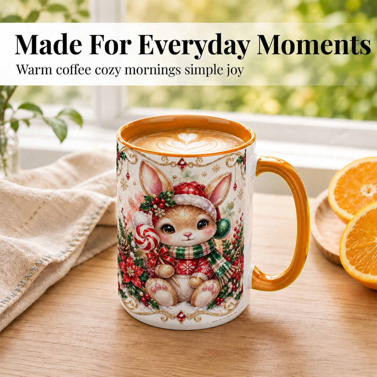 #pl[15oz|Orange] Crystal Style Christmas Bunny Coffee Mug, Holiday Rabbit Mug, Ceramic Cup