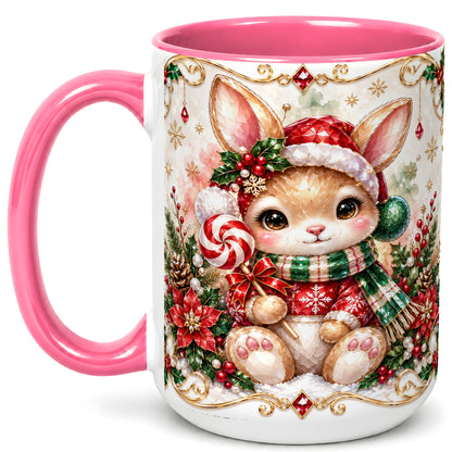 #pl[15oz|Pink] Crystal Style Christmas Bunny Coffee Mug, Holiday Rabbit Mug, Ceramic Cup