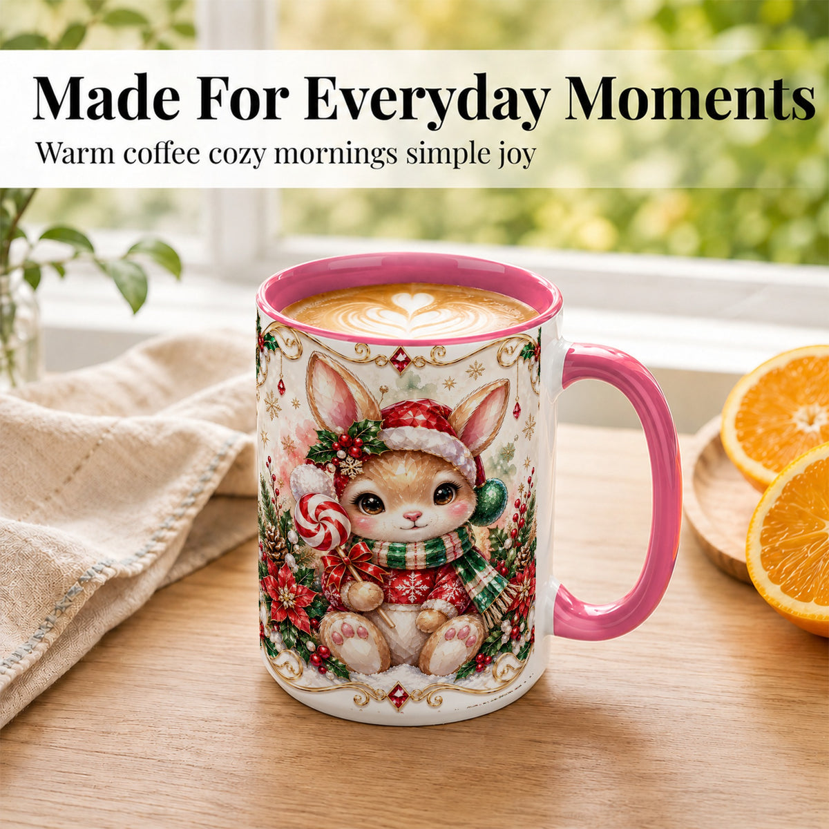 #pl[15oz|Pink] Crystal Style Christmas Bunny Coffee Mug, Holiday Rabbit Mug, Ceramic Cup