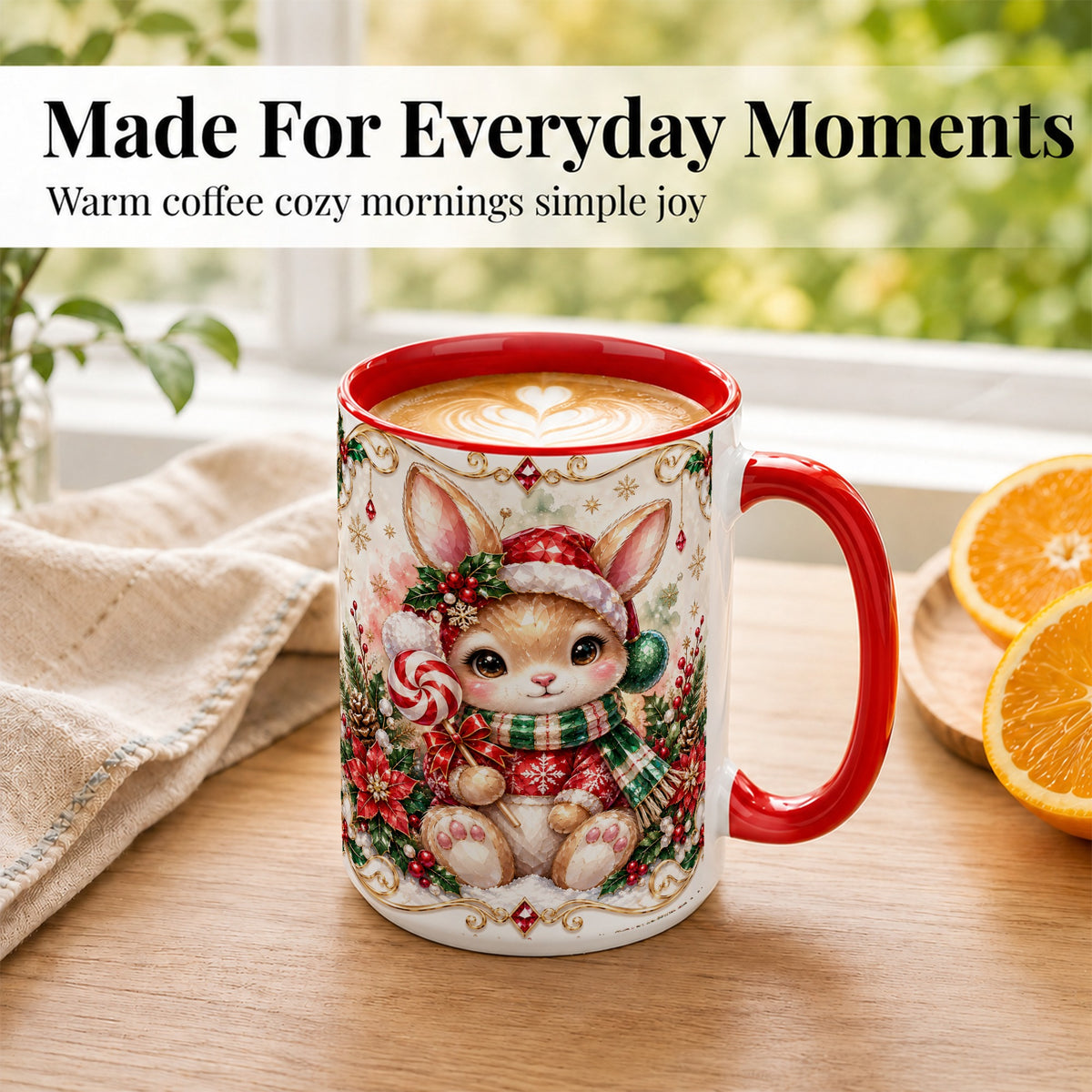 #pl[15oz|Red] Crystal Style Christmas Bunny Coffee Mug, Holiday Rabbit Mug, Ceramic Cup