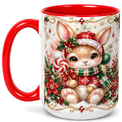 #pl[15oz|Red] Crystal Style Christmas Bunny Coffee Mug, Holiday Rabbit Mug, Ceramic Cup