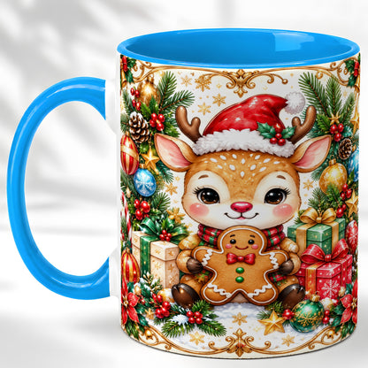 #pl[11oz|Blue] Christmas Reindeer Coffee Mug, Gingerbread Deer Mug, Ceramic Cup