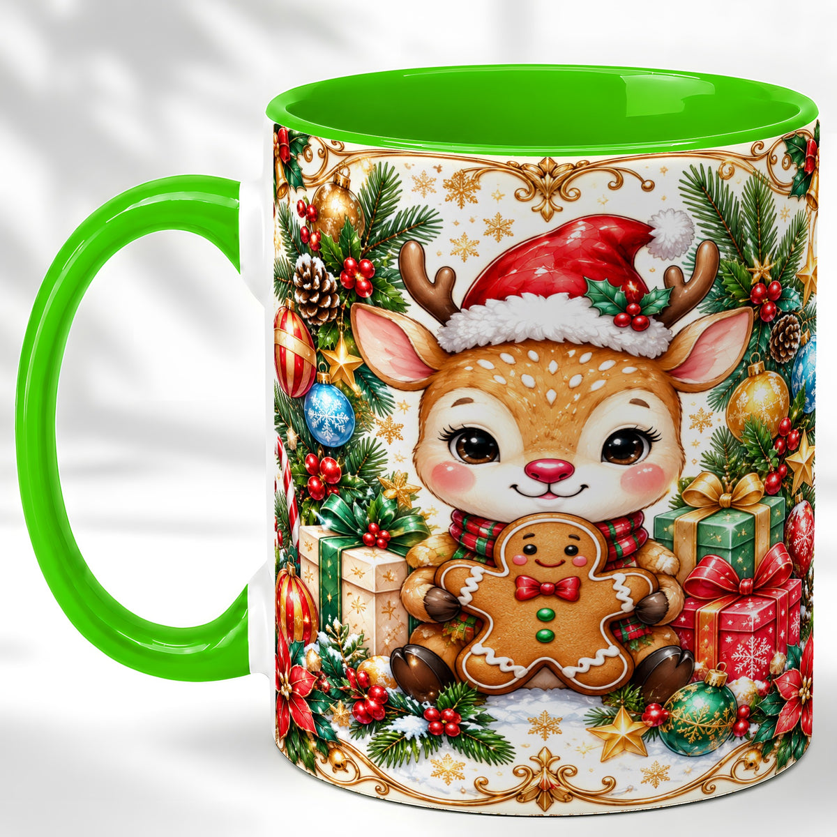 #pl[11oz|Green] Christmas Reindeer Coffee Mug, Gingerbread Deer Mug, Ceramic Cup