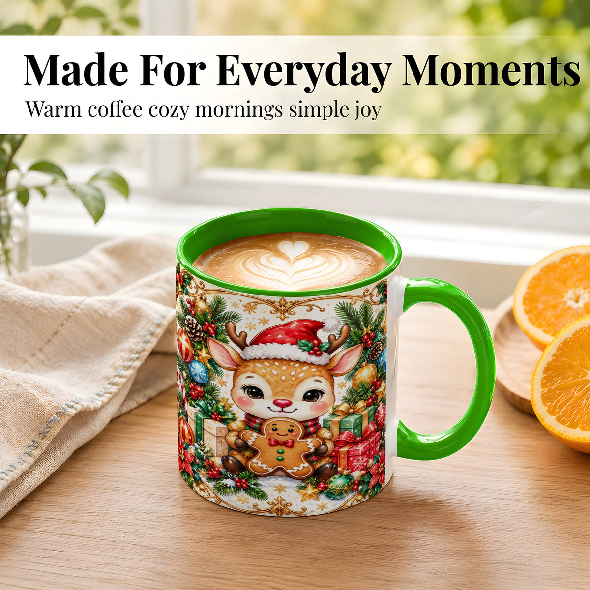 #pl[11oz|Green] Christmas Reindeer Coffee Mug, Gingerbread Deer Mug, Ceramic Cup