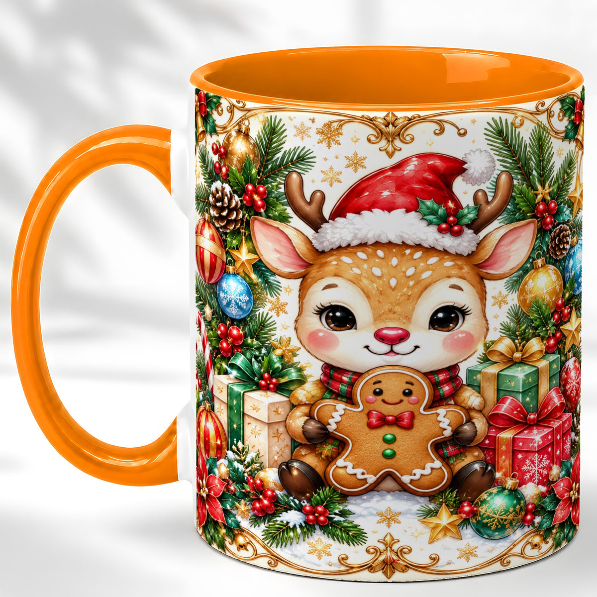 #pl[11oz|Orange] Christmas Reindeer Coffee Mug, Gingerbread Deer Mug, Ceramic Cup