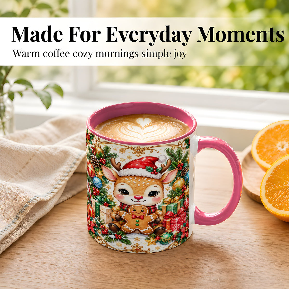 #pl[11oz|Pink] Christmas Reindeer Coffee Mug, Gingerbread Deer Mug, Ceramic Cup