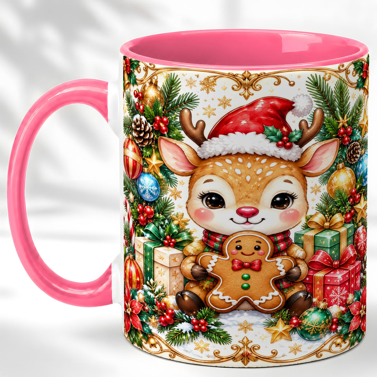 #pl[11oz|Pink] Christmas Reindeer Coffee Mug, Gingerbread Deer Mug, Ceramic Cup