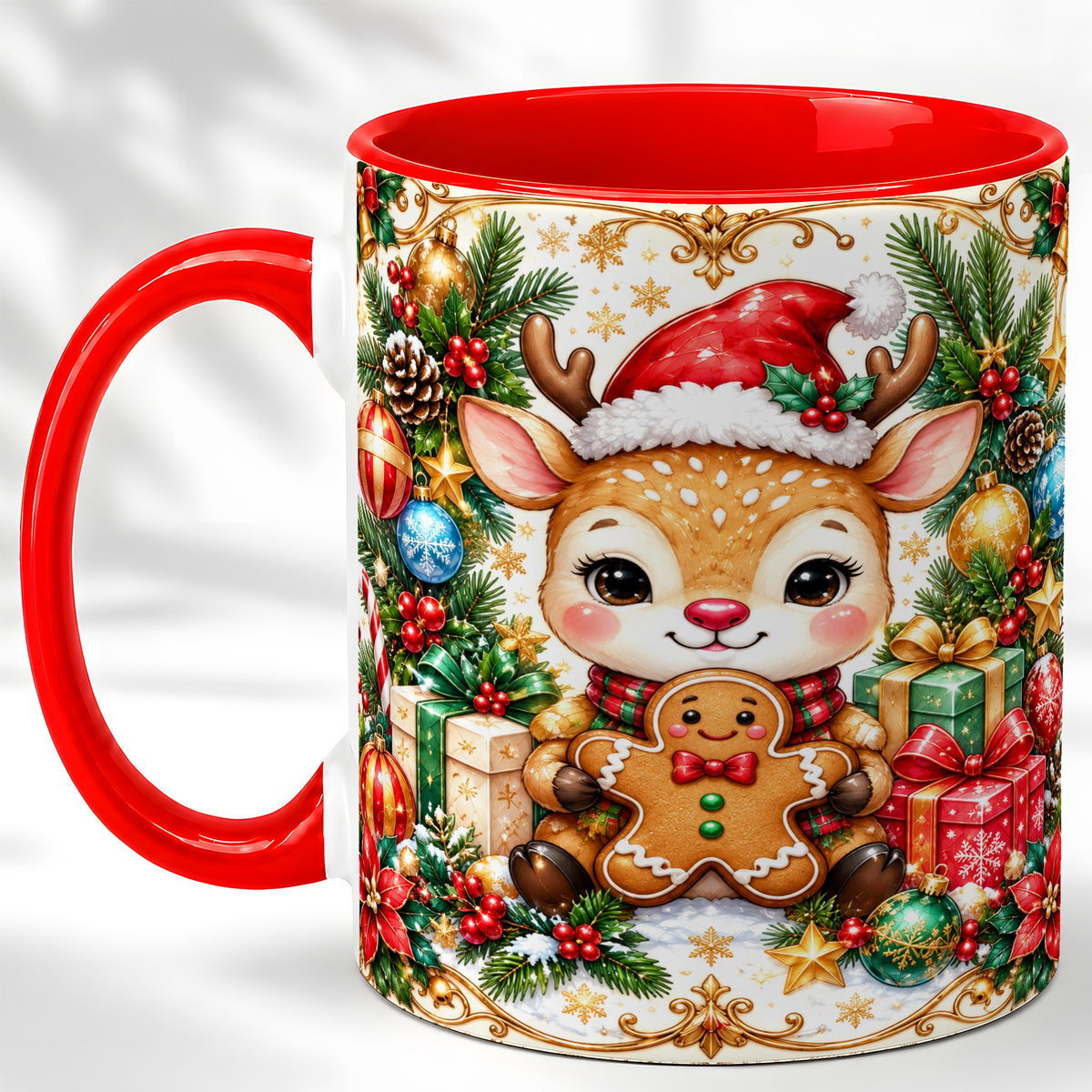Christmas Reindeer Coffee Mug, Gingerbread Deer Mug, Ceramic Cup