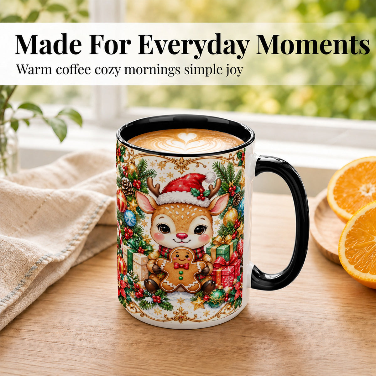 #pl[15oz|Black] Christmas Reindeer Coffee Mug, Gingerbread Deer Mug, Ceramic Cup