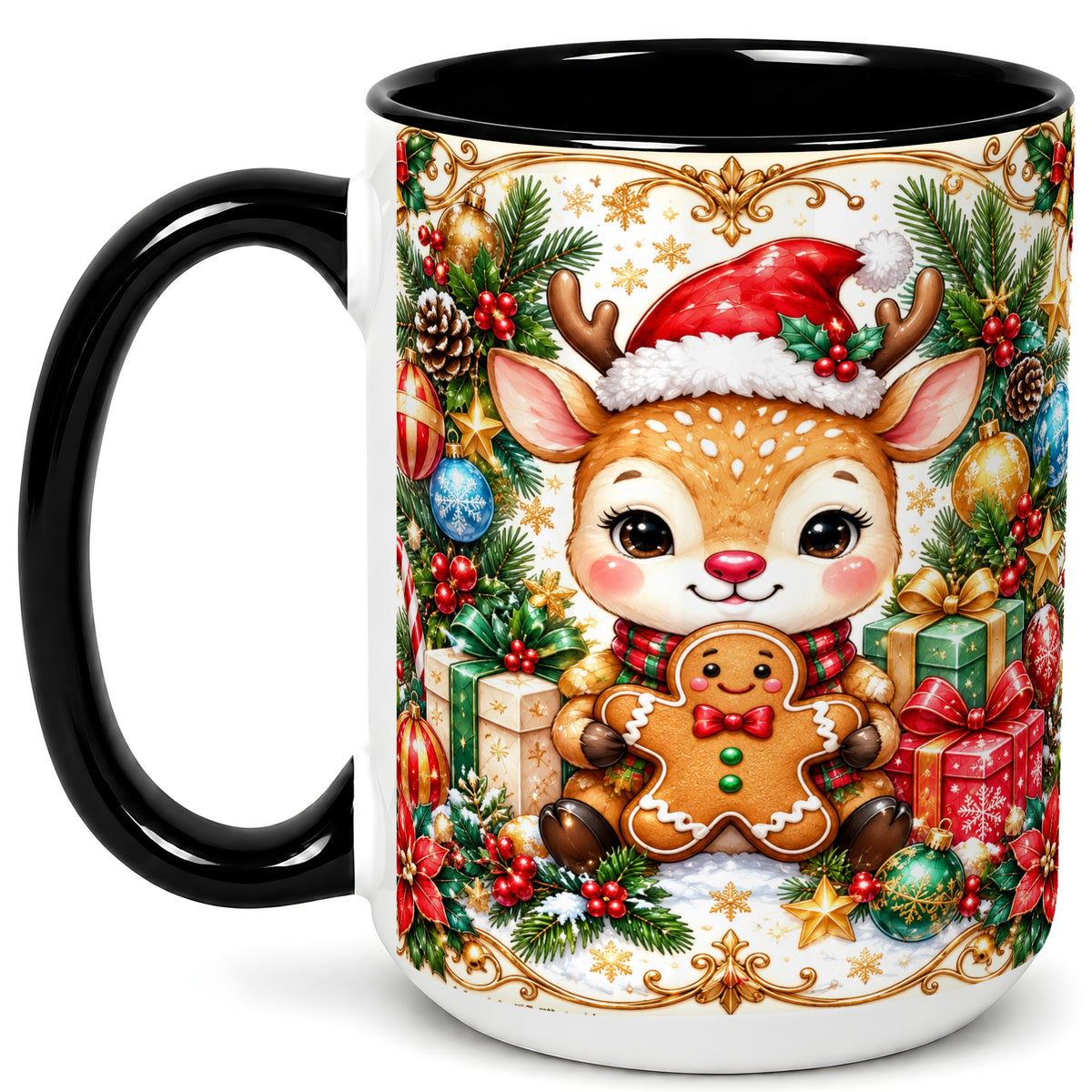 #pl[15oz|Black] Christmas Reindeer Coffee Mug, Gingerbread Deer Mug, Ceramic Cup
