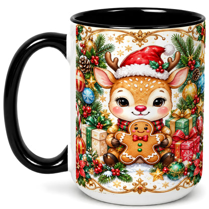 #pl[15oz|Black] Christmas Reindeer Coffee Mug, Gingerbread Deer Mug, Ceramic Cup