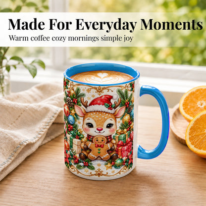 #pl[15oz|Blue] Christmas Reindeer Coffee Mug, Gingerbread Deer Mug, Ceramic Cup
