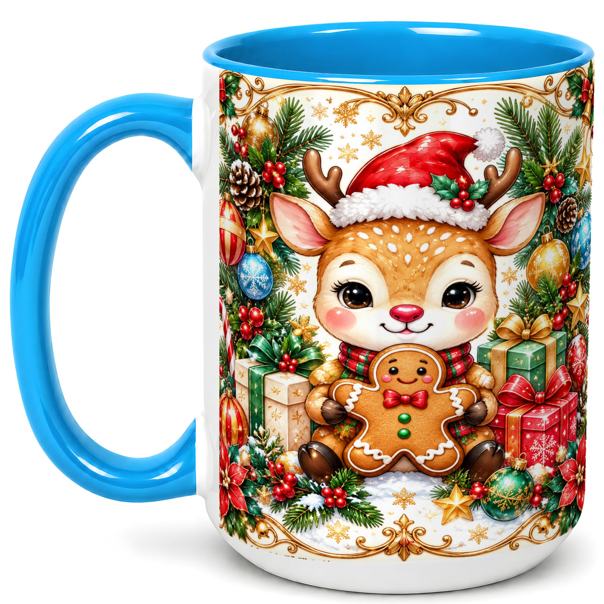 #pl[15oz|Blue] Christmas Reindeer Coffee Mug, Gingerbread Deer Mug, Ceramic Cup