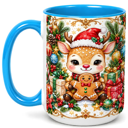 #pl[15oz|Blue] Christmas Reindeer Coffee Mug, Gingerbread Deer Mug, Ceramic Cup