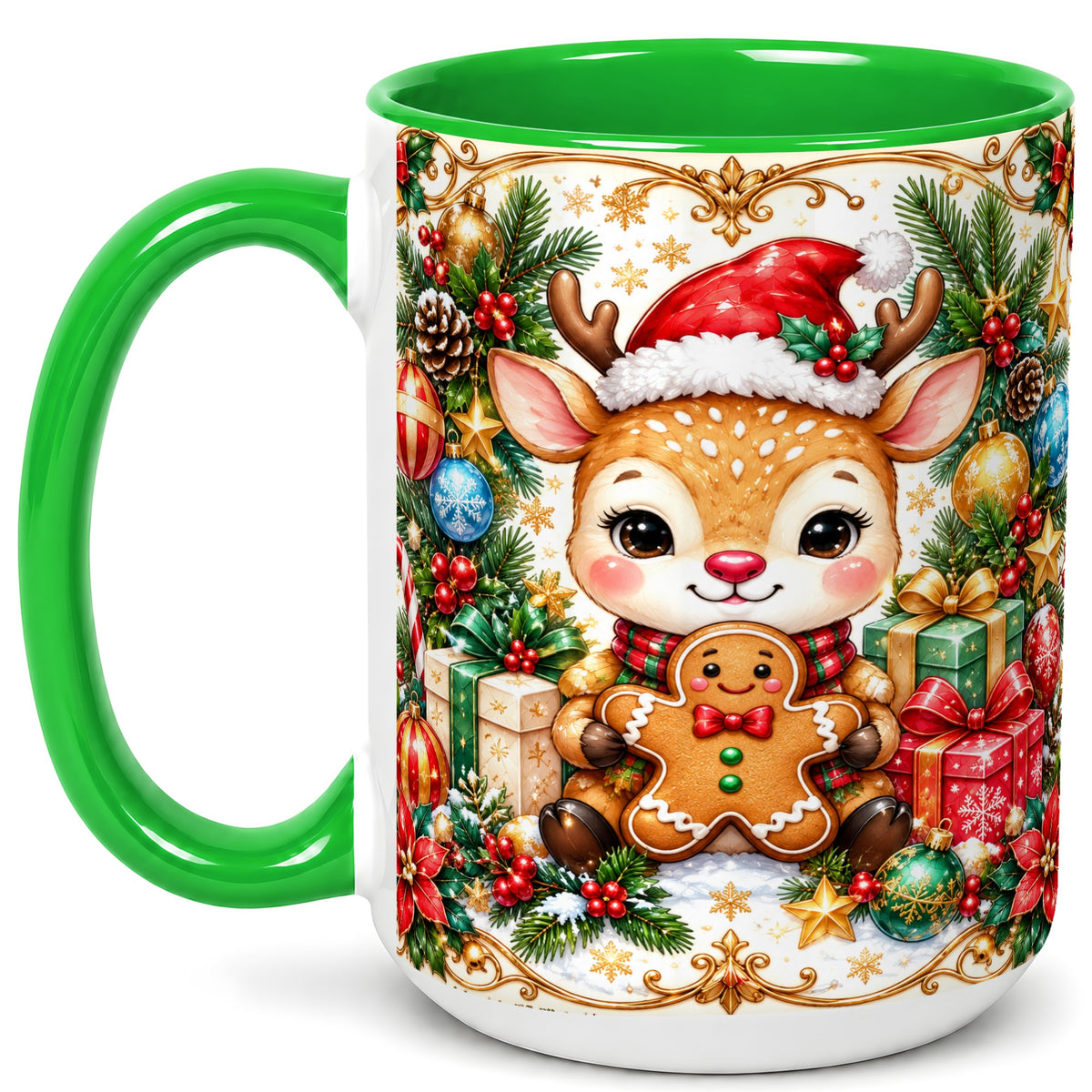 #pl[15oz|Green] Christmas Reindeer Coffee Mug, Gingerbread Deer Mug, Ceramic Cup