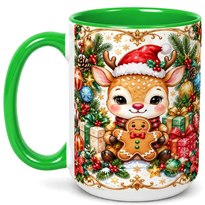 #pl[15oz|Green] Christmas Reindeer Coffee Mug, Gingerbread Deer Mug, Ceramic Cup