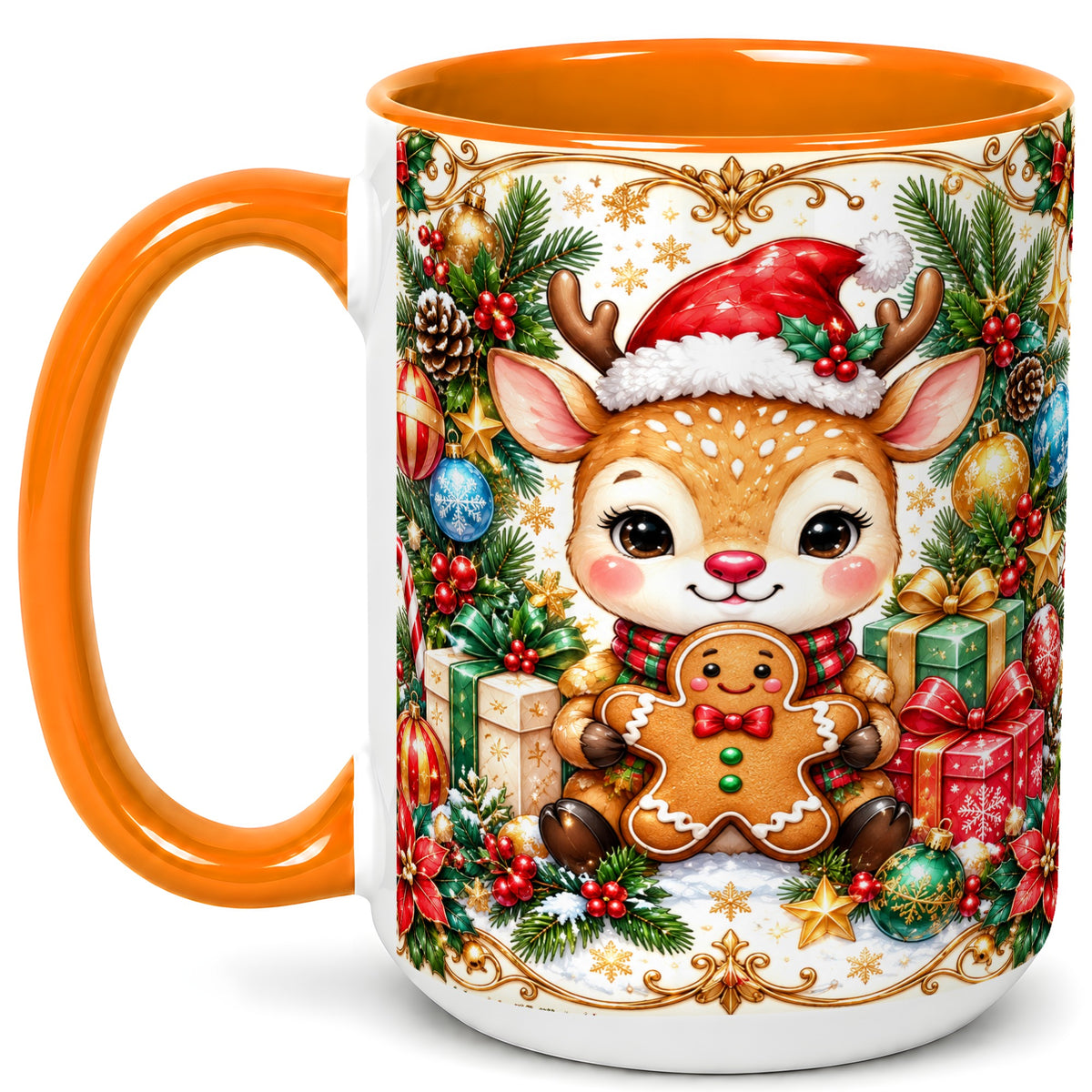 #pl[15oz|Orange] Christmas Reindeer Coffee Mug, Gingerbread Deer Mug, Ceramic Cup