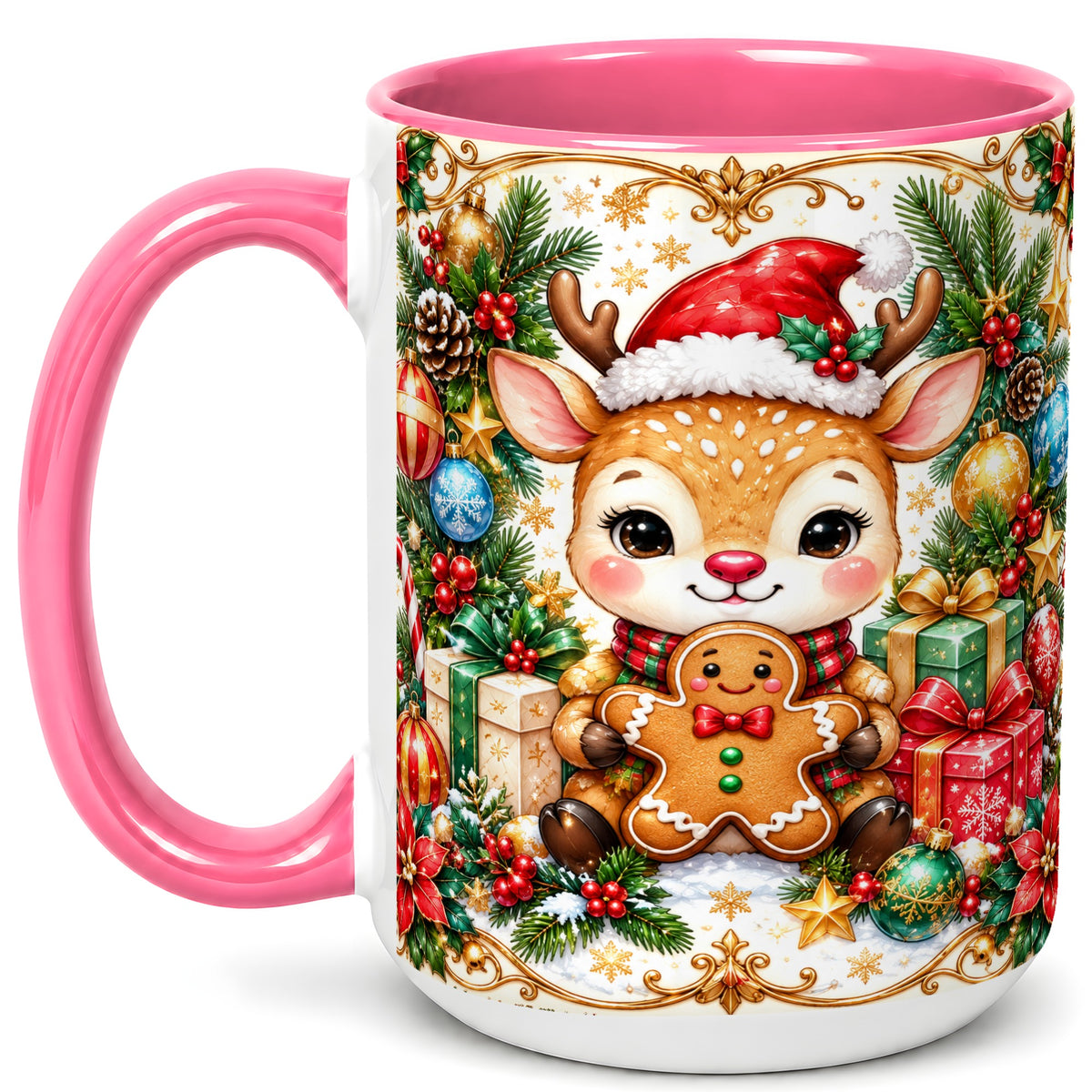 #pl[15oz|Pink] Christmas Reindeer Coffee Mug, Gingerbread Deer Mug, Ceramic Cup