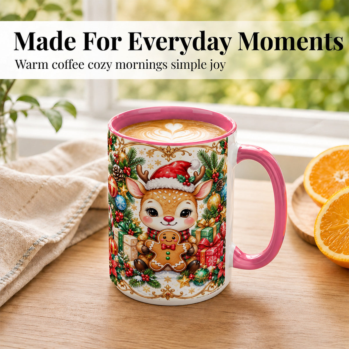 #pl[15oz|Pink] Christmas Reindeer Coffee Mug, Gingerbread Deer Mug, Ceramic Cup