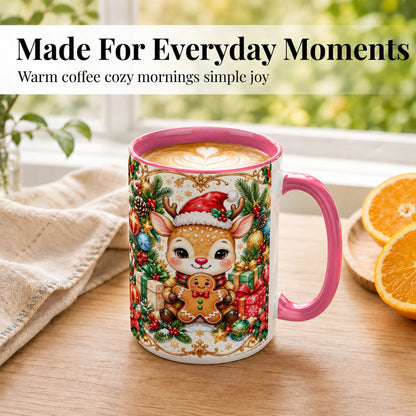 #pl[15oz|Pink] Christmas Reindeer Coffee Mug, Gingerbread Deer Mug, Ceramic Cup