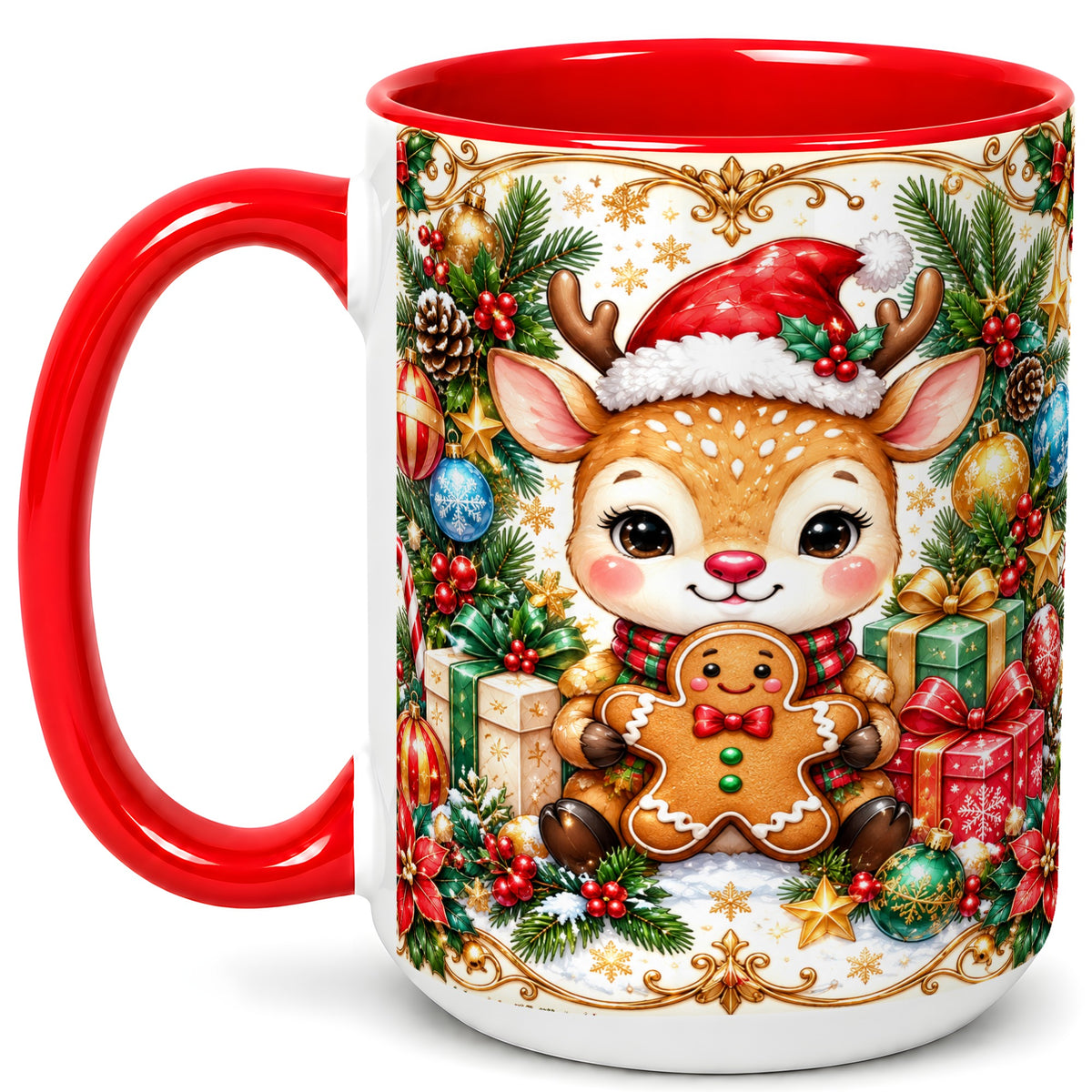 #pl[15oz|Red] Christmas Reindeer Coffee Mug, Gingerbread Deer Mug, Ceramic Cup