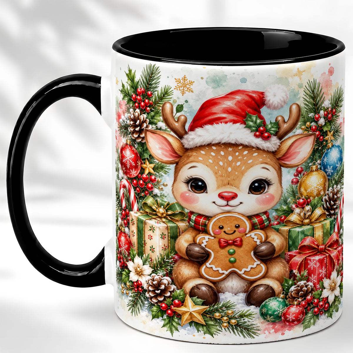 #pl[11oz|Black] Watercolor Christmas Reindeer Coffee Mug, Gingerbread Deer Mug, Ceramic Cup