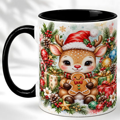 #pl[11oz|Black] Watercolor Christmas Reindeer Coffee Mug, Gingerbread Deer Mug, Ceramic Cup