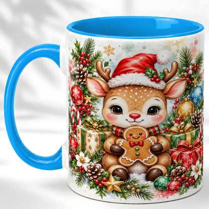 #pl[11oz|Blue] Watercolor Christmas Reindeer Coffee Mug, Gingerbread Deer Mug, Ceramic Cup