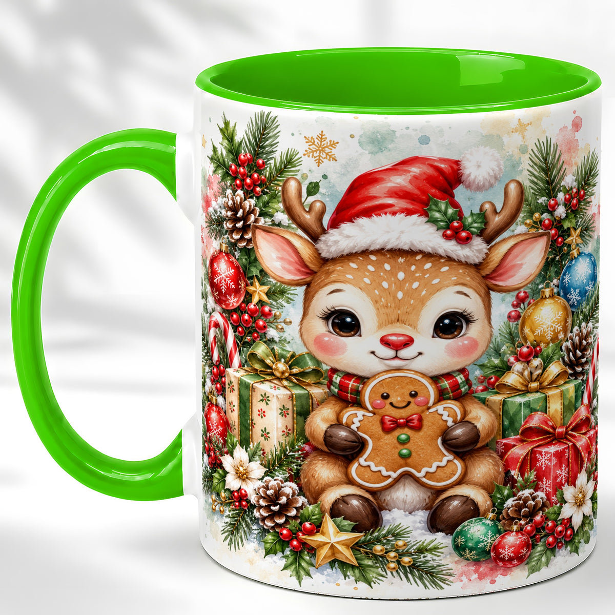 #pl[11oz|Green] Watercolor Christmas Reindeer Coffee Mug, Gingerbread Deer Mug, Ceramic Cup