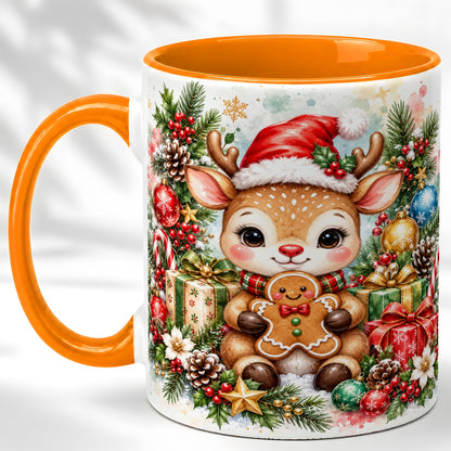 #pl[11oz|Orange] Watercolor Christmas Reindeer Coffee Mug, Gingerbread Deer Mug, Ceramic Cup
