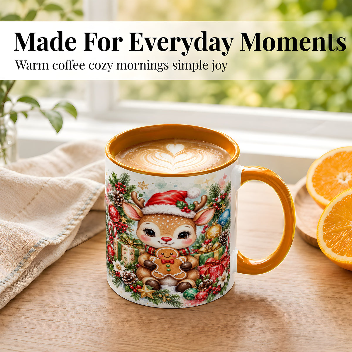 #pl[11oz|Orange] Watercolor Christmas Reindeer Coffee Mug, Gingerbread Deer Mug, Ceramic Cup