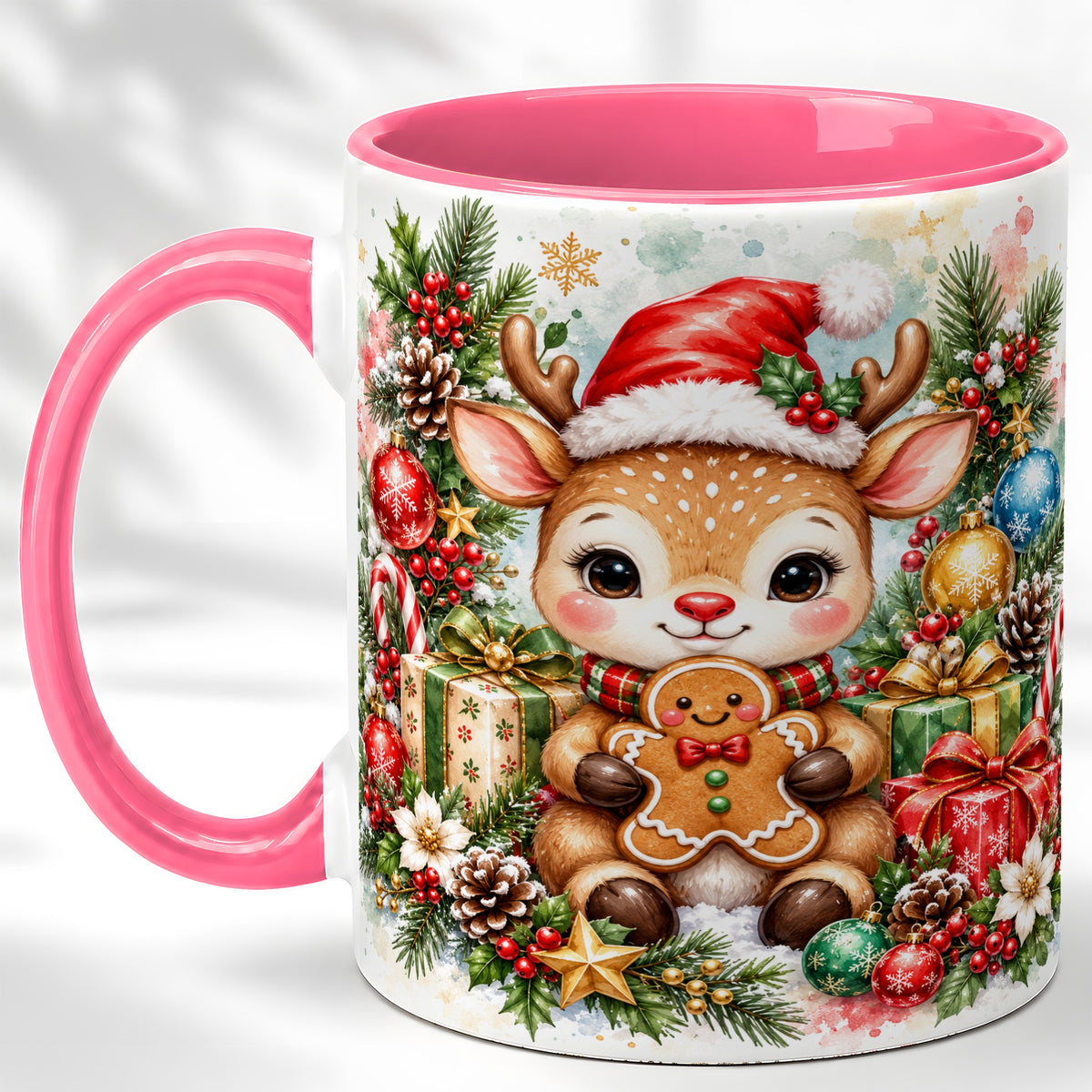 #pl[11oz|Pink] Watercolor Christmas Reindeer Coffee Mug, Gingerbread Deer Mug, Ceramic Cup