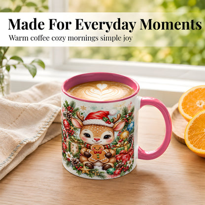 #pl[11oz|Pink] Watercolor Christmas Reindeer Coffee Mug, Gingerbread Deer Mug, Ceramic Cup