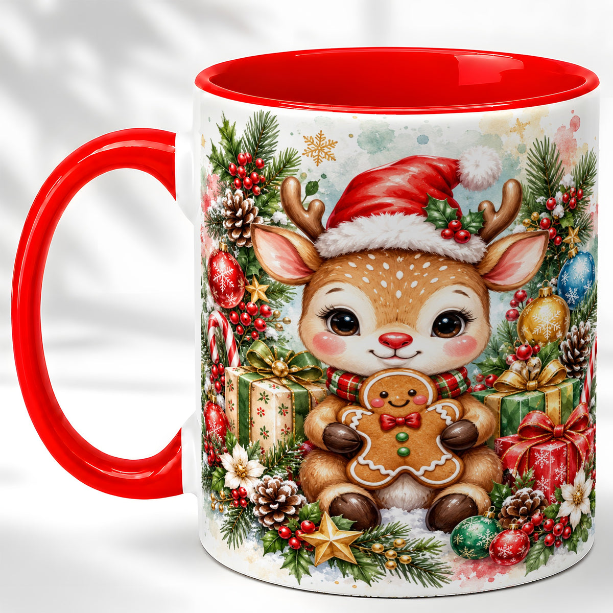 Watercolor Christmas Reindeer Coffee Mug, Gingerbread Deer Mug, Ceramic Cup