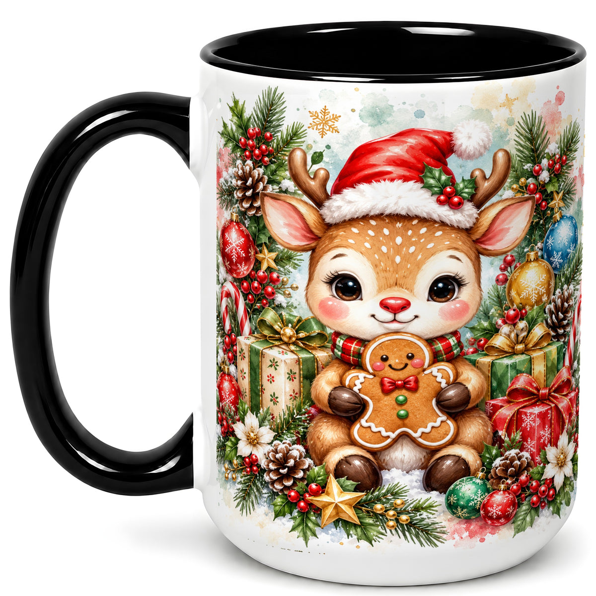 #pl[15oz|Black] Watercolor Christmas Reindeer Coffee Mug, Gingerbread Deer Mug, Ceramic Cup
