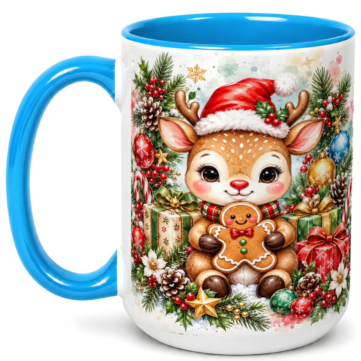 #pl[15oz|Blue] Watercolor Christmas Reindeer Coffee Mug, Gingerbread Deer Mug, Ceramic Cup