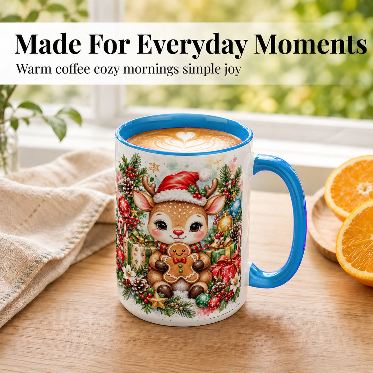 #pl[15oz|Blue] Watercolor Christmas Reindeer Coffee Mug, Gingerbread Deer Mug, Ceramic Cup